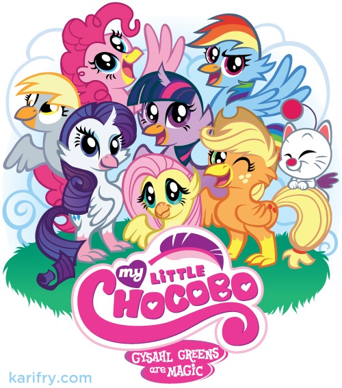 Size: 500x567 | Tagged: applejack, artist:karifry, artist:misskari, chocobo, crossover, derpibooru import, derpy hooves, edit, final fantasy, fluttershy, logo, logo edit, mane seven, mane six, mane six opening poses, moogle, my little x, pinkie pie, rainbow dash, rarity, safe, species swap, spike, twilight sparkle