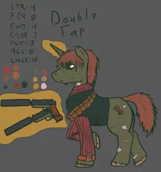 Size: 949x1014 | Tagged: artist:stonershy, derpibooru import, dual wield, edge, edgy, fallout equestria, fallout equestria: anywhere but here, fanfic art, gun, oc, oc:double tap, pistol, reference sheet, safe, solo, suppressor, unofficial characters only