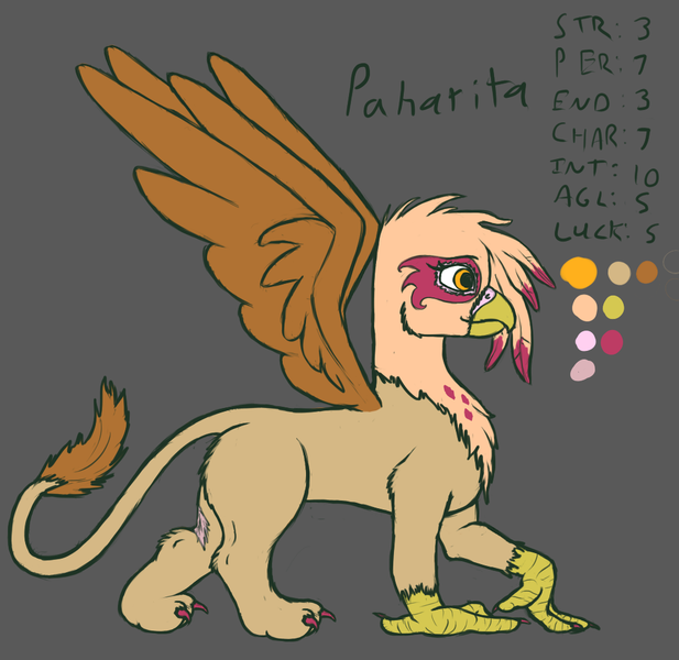 Size: 1043x1014 | Tagged: safe, artist:stonershy, derpibooru import, oc, oc:paharita, unofficial characters only, gryphon, fallout equestria, fallout equestria: anywhere but here, fanfic art, reference sheet, solo