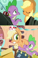 Size: 480x730 | Tagged: a dog and pony show, applejack, applespike, comic, derpibooru import, edit, edited screencap, female, hug, male, safe, screencap, screencap comic, secret of my excess, shipping, spike, straight