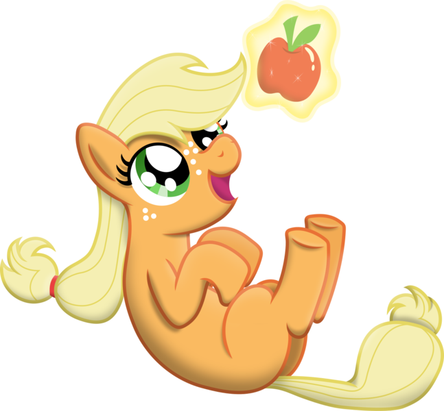 Size: 1363x1264 | Tagged: apple, applejack, artist:d4svader, cute, derpibooru import, filly, hatless, jackabetes, missing accessory, obligatory apple, on back, safe, simple background, svg, transparent background, vector, younger