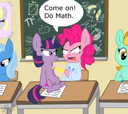 Size: 1412x1264 | Tagged: safe, artist:daisy-dictator, derpibooru import, derpy hooves, lightning dust, pinkie pie, trixie, twilight sparkle, pegasus, pony, angry, chalkboard, classroom, clothes, desk, dialogue, family guy, female, food, mare, math, muffin, paper, pencil, pi, school, speech bubble, sweater