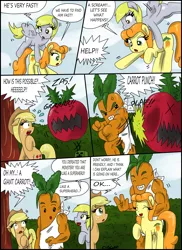 Size: 2550x3506 | Tagged: safe, artist:ciriliko, derpibooru import, applejack, carrot top, derpy hooves, golden harvest, pegasus, pony, carrot, comic, creeper, female, food, mare, zas