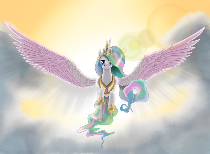 Size: 1920x1408 | Tagged: safe, artist:yakovlev-vad, artist:zrjdktddflbv, derpibooru import, princess celestia, alicorn, pony, closing logo, cloud, cloudy, crown, female, flying, hoof shoes, jewelry, large wings, lens flare, looking at you, majestic, mare, regalia, solo, spread wings, sunlight, tristar, wings