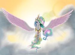 Size: 1920x1408 | Tagged: safe, artist:yakovlev-vad, artist:zrjdktddflbv, derpibooru import, princess celestia, alicorn, pony, closing logo, cloud, cloudy, crown, female, flying, hoof shoes, jewelry, large wings, lens flare, looking at you, majestic, mare, regalia, solo, spread wings, sunlight, tristar, wings