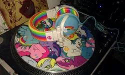 Size: 1296x776 | Tagged: safe, derpibooru import, applejack, cheerilee, derpy hooves, pinkie pie, princess celestia, rainbow dash, rarity, twilight sparkle, vinyl scratch, pegasus, pony, cutie mark, female, headphones, irl, mare, mixer, photo, stanton, turntable