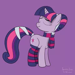 Size: 1280x1280 | Tagged: safe, artist:squeezle, derpibooru import, twilight sparkle, unicorn, alternate hairstyle, clothes, hair bun, scarf, smiling, socks, solo, stockings, striped socks, tail wrap, unicorn twilight