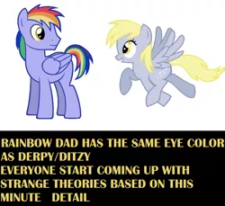 Size: 1174x1076 | Tagged: safe, artist:korikian, artist:xgsymarley, derpibooru import, derpy hooves, rainbow blaze, pegasus, pony, discussion, duo, headcanon, insane fan theory, meta, speculation, text