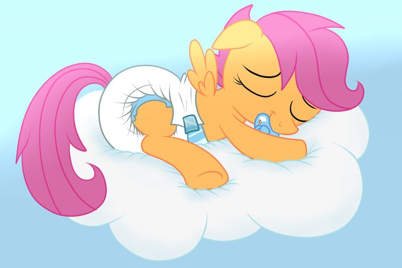 Size: 1280x853 | Tagged: artist:fillyscoots42, cloud, crinkleloo, cute, cutealoo, diaper, diaper fetish, pacifier, poofy diaper, questionable, scootaloo, sleeping