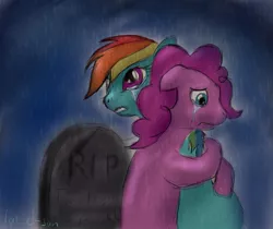 Size: 933x783 | Tagged: 30 minute art challenge, artist:tatze-san, crying, derpibooru import, gravestone, implied death, pinkie pie, rain, rainbow dash, safe