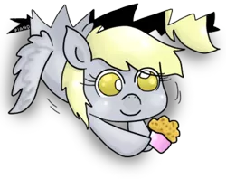 Size: 400x316 | Tagged: safe, artist:pian-no, derpibooru import, derpy hooves, pegasus, pony, ceiling pony, female, lowres, mare, muffin, simple background, small, transparent background