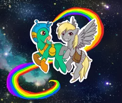 Size: 753x637 | Tagged: safe, derpibooru import, derpy hooves, oc, pegasus, pony, female, mare, parry gripp, rainbow, saddle bag, space, space unicorn, wat