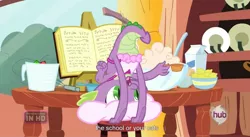Size: 1585x869 | Tagged: apron, book, bowl, chef, chef's hat, clothes, cooking, derpibooru import, dragon, golden oaks library, hat, hub logo, just for sidekicks, lemon, naked apron, safe, screencap, spike, spoon, upside down, youtube caption, youtube link