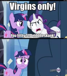 Size: 533x600 | Tagged: safe, derpibooru import, edit, edited screencap, screencap, rarity, twilight sparkle, pony, unicorn, games ponies play, all new, caption, comic, female, hub logo, image macro, insulting rarity, mare, meme, roflbot, text, virgin, vulgar