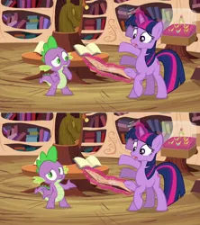 Size: 1280x1442 | Tagged: safe, artist:capnpea, derpibooru import, edit, edited screencap, screencap, spike, twilight sparkle, dragon, pony, unicorn, magical mystery cure, book, female, fimbriae, golden oaks library, horsehead centerpiece, magic, male, mare, multiple limbs, shrug, unicorn twilight, wat