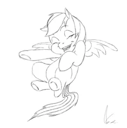 Size: 637x645 | Tagged: derpibooru import, filly, filly rainbow dash, floating, flying, laughing, monochrome, pointing, rainbow dash, safe, sketch, solo