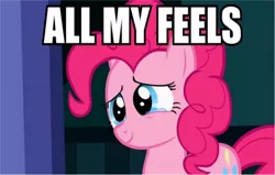 Size: 508x324 | Tagged: all my feels, baby cakes, crying, derpibooru import, edit, edited screencap, image macro, pinkie pie, reaction image, safe, screencap, solo, teary eyes