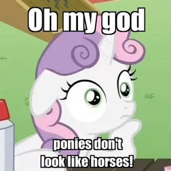 Size: 500x500 | Tagged: safe, derpibooru import, edit, edited screencap, screencap, sweetie belle, ponyville confidential, cropped, exploitable meme, floppy ears, hoof on chin, image macro, meme, solo, sudden clarity sweetie belle