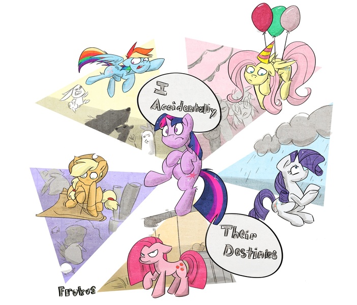 Size: 1400x1197 | Tagged: angel bunny, applejack, artist:cider, balloon, bear, derpibooru import, fluttershy, magical mystery cure, mane six, pinkamena diane pie, pinkie pie, rain, rainbow dash, rarity, safe, swapped cutie marks, twilight sparkle