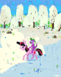 Size: 800x1019 | Tagged: safe, artist:cygaj, derpibooru import, spike, twilight sparkle, dragon, pony, unicorn, dragons riding ponies, female, mare, riding, snow, unshorn fetlocks