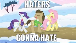 Size: 500x281 | Tagged: clothes, derpibooru import, doctor whooves, edit, edited screencap, fluttershy, haters gonna hate, image macro, rarity, safe, screencap, singing, snow, song, time turner, vest, winter wrap up, winter wrap up vest