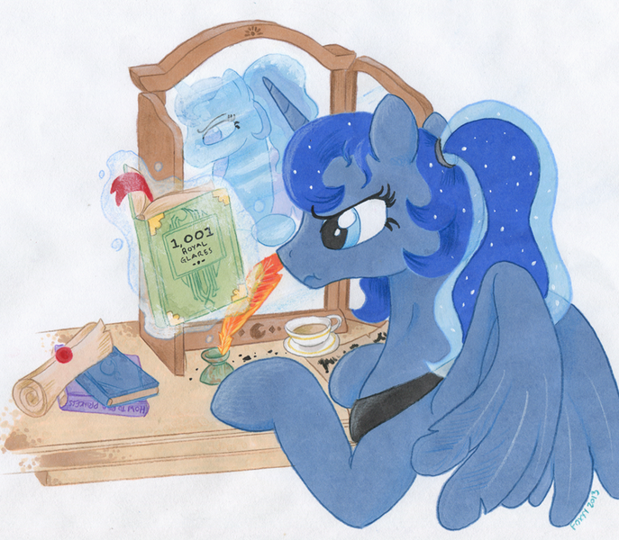 Size: 1088x950 | Tagged: alternate hairstyle, artist:foxxy-arts, book, derpibooru import, mirror, ponytail, princess luna, quill, reflection, safe, scroll, solo, traditional art