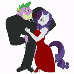 Size: 900x900 | Tagged: safe, derpibooru import, rarity, spike, anthro, dragon, unicorn, :t, beefspike, clothes, dress, female, flower, high heels, looking at you, male, mare, older, older spike, raised eyebrow, rose, shipping, shoes, simple background, smiling, smirk, sparity, straight, suit, white background