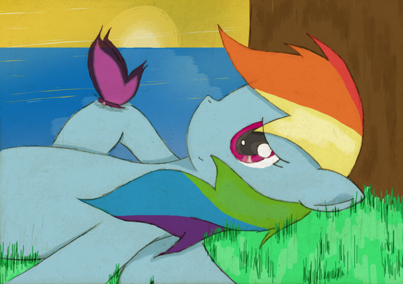 Size: 3502x2474 | Tagged: artist:mrasianhappydude, butterfly, derpibooru import, rainbow dash, safe, solo