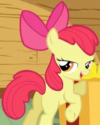 Size: 422x529 | Tagged: apple bloom, apple bloom's bow, bedroom eyes, bipedal, bipedal leaning, bow, episode needed, female, filly, hair bow, leaning, looking back, open mouth, plot, raised leg, safe, screencap, solo, underhoof