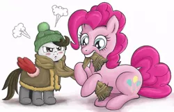 Size: 800x516 | Tagged: artist:gor1ck, boots, clothes, coat, hat, jacket, overprotective, pinkie pie, pound cake, safe, scarf, wing gloves, winter outfit