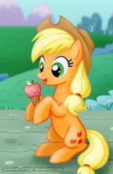 Size: 700x1082 | Tagged: safe, artist:scorchie-critter, derpibooru import, applejack, earth pony, pony, apple, cute, female, food, hoof hold, ice cream, jackabetes, mare, sitting, solo