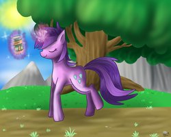 Size: 250x200 | Tagged: amethyst star, artist needed, derpibooru import, magic, peanut butter, picture for breezies, safe, source needed, that pony sure loves peanut butter, tree
