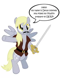 Size: 2550x3300 | Tagged: safe, artist:noxogz, derpibooru import, derpy hooves, pegasus, pony, background pony, female, hello, inigo montoya, mare, moustache, my name is inigo montoya, prepare to die, sword, the princess bride, you killed my father