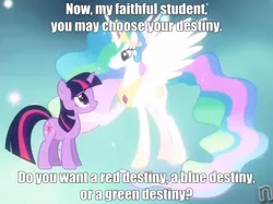 Size: 828x619 | Tagged: safe, derpibooru import, edit, edited screencap, screencap, princess celestia, twilight sparkle, alicorn, pony, unicorn, magical mystery cure, caption, cropped, crown, duo, ethereal mane, female, i never asked for this, image macro, jewelry, mare, mass effect, mass effect 3, meta, peytral, princess celestia's special princess making dimension, regalia, text, unicorn twilight