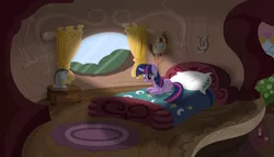 Size: 8960x5119 | Tagged: absurd resolution, artist:psyxofthoros, bed, bedroom, derpibooru import, feels, sad, safe, shading, solo, twilight sparkle, vector