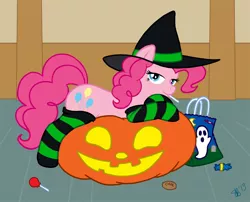 Size: 1116x900 | Tagged: artist:patchworth, candy, clothes, derpibooru import, halloween, holiday, jack-o-lantern, nightmare night, pinkie pie, pumpkin, safe, socks, solo, striped socks, stupid sexy pinkie