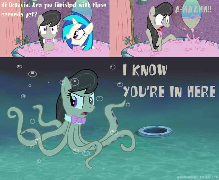 Size: 2000x1647 | Tagged: artist:acstlu, bath, bubble, bubble bath, derpibooru import, meme, monster pony, octavia melody, octaviapus, octopony, octopus, open mouth, original species, parody, safe, smiling, spongebob squarepants, squid's day off, squidward tentacles, surprised, vinyl scratch, wat, wide eyes, yelling