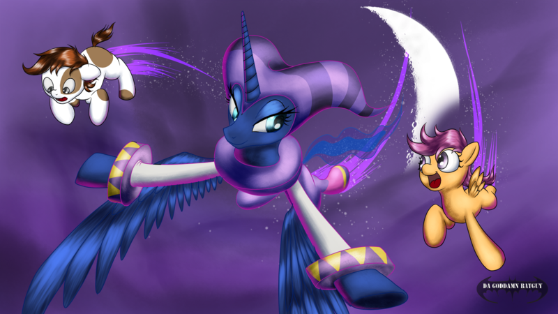 Size: 1920x1080 | Tagged: safe, artist:da-goddamn-batguy, derpibooru import, pipsqueak, princess luna, scootaloo, alicorn, earth pony, pegasus, pony, crossover, dream walker luna, flying, nights, nights into dreams, reference, sega, wallpaper