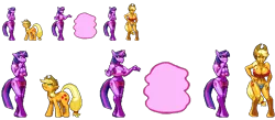 Size: 1119x489 | Tagged: suggestive, artist:casetermk, derpibooru import, applejack, twilight sparkle, anthro, pony, unguligrade anthro, anthro with ponies, applejack's hat, belly button, big breasts, bimbo, bimbo sparkle, blonde, blonde hair, blonde mane, breasts, busty applejack, busty twilight sparkle, cleavage, clothes, cowboy hat, cutie mark, female, freckles, frown, glowing horn, green eyes, hat, horn, loincloth, looking up, magic, midriff, pixel art, pony to anthro, purple eyes, shirt, simple background, spell, tail, transformation, transparent background