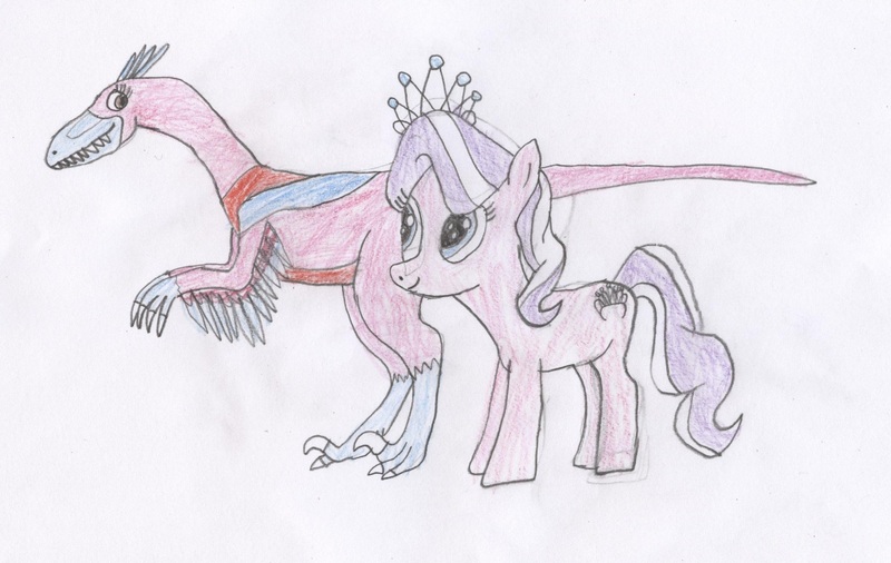 Size: 2549x1613 | Tagged: safe, artist:wesdaaman, derpibooru import, diamond tiara, dinosaur, earth pony, feathered dinosaur, pony, velociraptor, chantal strand, colored pencil drawing, crossover, dinosaur train, duo, female, filly, foal, traditional art, valerie velociraptor