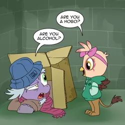 Size: 1000x1000 | Tagged: safe, artist:madmax, derpibooru import, star swirl the bearded, oc, oc:paharita, gryphon, fallout equestria, fallout equestria: anywhere but here, alleyway, bow, cardboard box, chickub, clothes, fanfic art, hobo, hoodie, image, png, vanellope von schweetz, wreck-it ralph