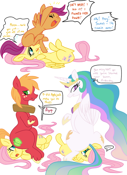 Size: 942x1300 | Tagged: source needed, safe, artist:elslowmo, artist:purplekecleon, derpibooru import, big macintosh, fluttershy, princess celestia, scootaloo, earth pony, pony, butt, dialogue, facesitting, female, flutterseat, implied rainbow dash, lesbian, male, plot, stallion, straight