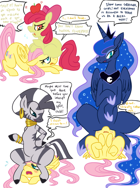 Size: 672x900 | Tagged: apple bloom, artist:elslowmo, artist:purplekecleon, blushing, derpibooru import, dialogue, facesitting, female, flutterseat, fluttershy, forced, lesbian, pony hat, princess luna, safe, source needed, zebra, zecora