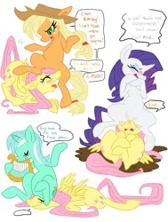 Size: 774x1024 | Tagged: ..., applejack, artist:elslowmo, artist:purplekecleon, blushing, derpibooru import, facesitting, female, flutterseat, fluttershy, lyra heartstrings, raridom, rarity, raritys personal seat fluttershy, safe, simple background, source needed, speech bubble, wavy mouth, white background