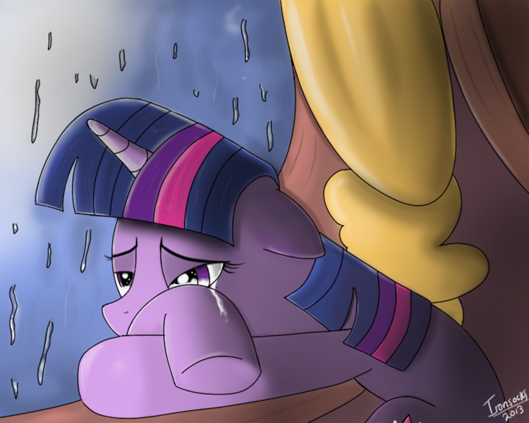 Size: 800x640 | Tagged: artist:ironsocks, bedroom, crying, derpibooru import, library, magical mystery cure, rain, safe, twilight sparkle