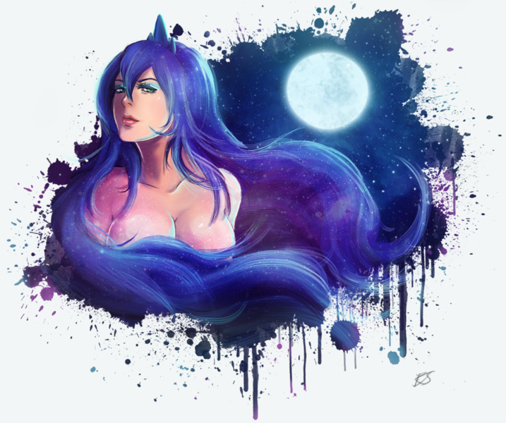 Size: 1000x837 | Tagged: artist:songoftheshoebox, cleavage, derpibooru import, female, humanized, moon, princess luna, safe, solo