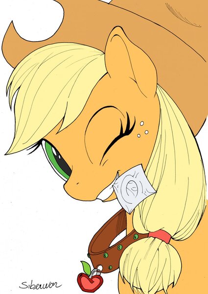 Size: 906x1280 | Tagged: applejack, artist:siberwar, collar, condom, condom in mouth, derpibooru import, female, mouth hold, questionable, solo, solo female, wink