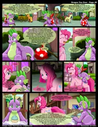 Size: 1165x1500 | Tagged: artist:kitsuneyoukai, comic, comic:dragon you over, derpibooru import, pinkamena diane pie, pinkie pie, spike, suggestive