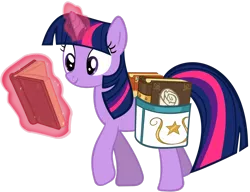 Size: 1280x985 | Tagged: dead source, safe, artist:otfor2, derpibooru import, twilight sparkle, pony, unicorn, bag, book, female, magic, mare, raised hoof, reading, saddle bag, scroll, simple background, smiling, solo, transparent background