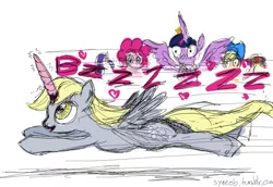 Size: 600x412 | Tagged: suggestive, artist:syoee b, derpibooru import, applejack, derpy hooves, pinkie pie, rarity, twilight sparkle, twilight sparkle (alicorn), alicorn, pony, 30 minute art challenge, female, mare, sex toy, vibrator